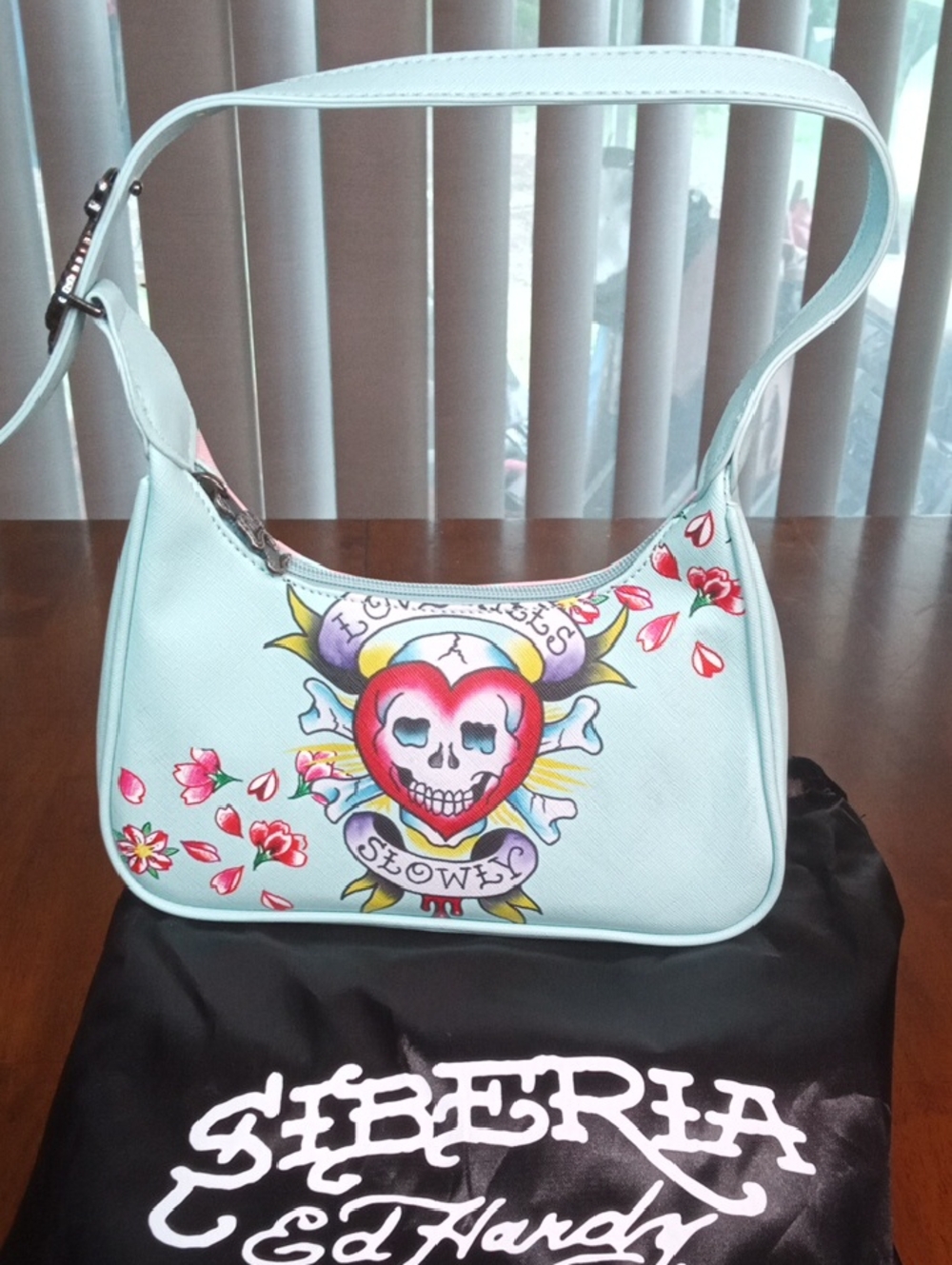 Ed Hardy Light Blue Skull Heart Shoulder Bag with Floral Accents